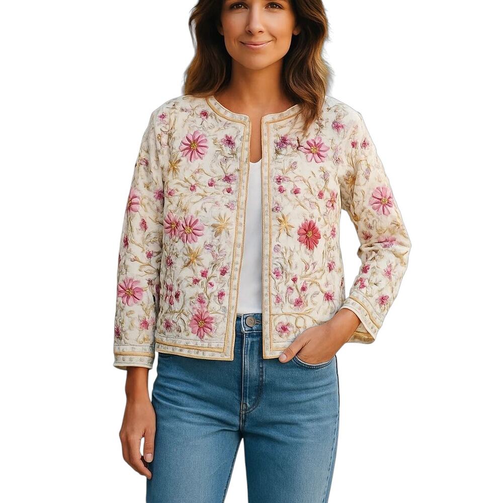 The Vermont Country Store Vintage Women's Linen Blend Floral‎ Embroidered Jacket